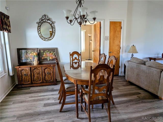 dining room featuring wood-type flooring and a chandelier