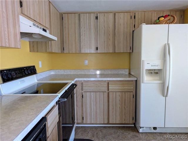 10482 S Clint Loop, Floral City, FL 34436 - kitchen with white fridge with ice dispenser, electric range oven, under cabinet range hood, and light brown cabinetry