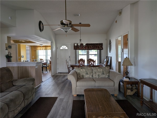 living room featuring high vaulted ceiling, plenty of natural light, and dark wood-type flooring