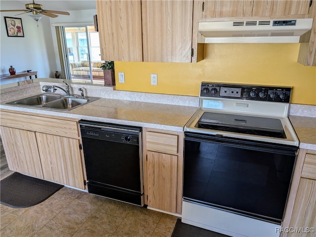 kitchen with light brown cabinetry, ceiling fan, sink, dishwasher, and white range with electric cooktop