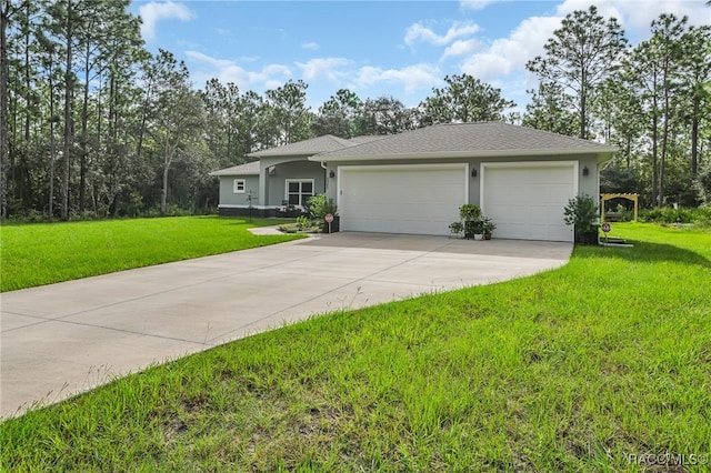 ranch-style home featuring a front yard and a garage