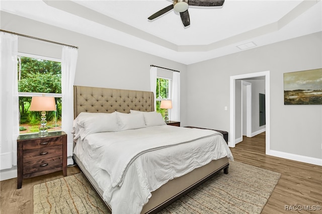 bedroom with hardwood / wood-style flooring, ceiling fan, and a raised ceiling