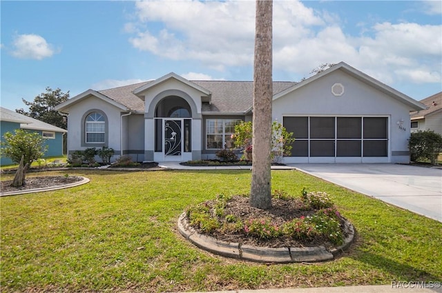 ranch-style house featuring an attached garage, a front lawn, concrete driveway, and stucco siding