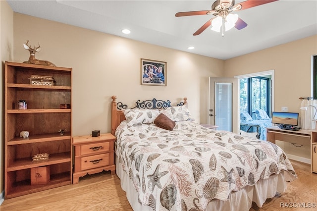 bedroom with light wood-type flooring and ceiling fan