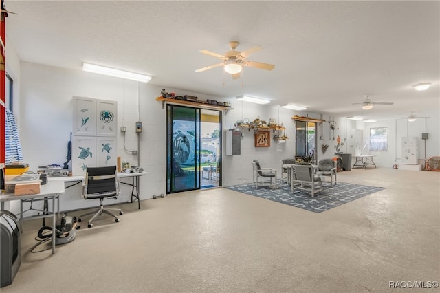 living room with electric panel, ceiling fan, concrete floors, and a textured ceiling