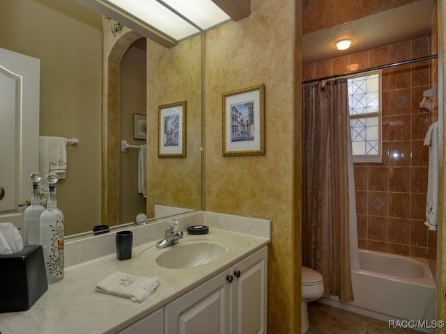 full bathroom with toilet, vanity, and shower / bath combination with curtain