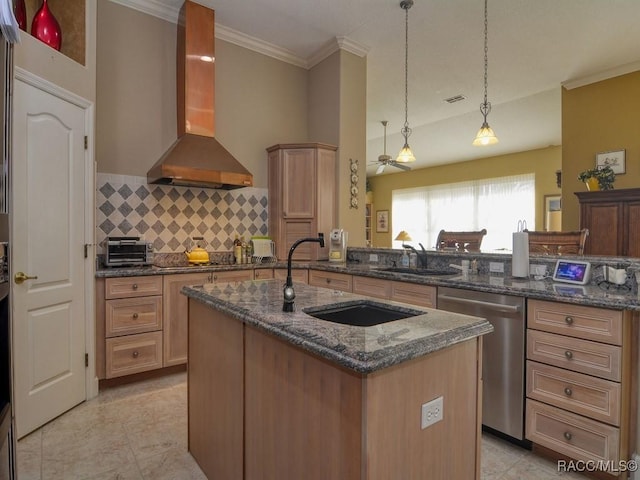 kitchen featuring decorative light fixtures, dishwasher, range hood, decorative backsplash, and sink