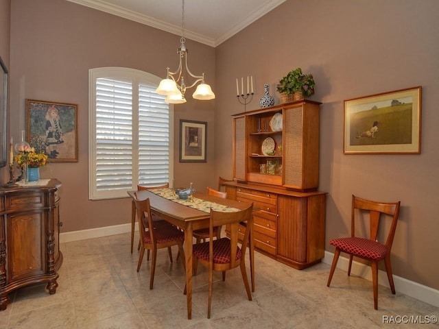 dining space with an inviting chandelier and ornamental molding