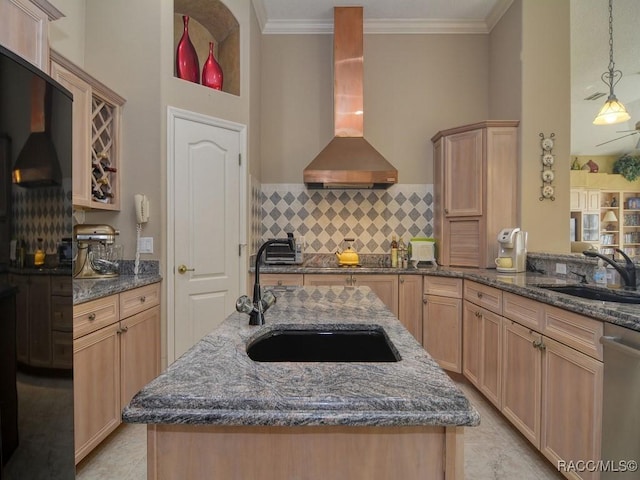 kitchen with ventilation hood, dishwasher, light brown cabinets, and sink