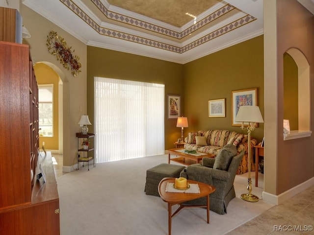 living room with light carpet, ornamental molding, and a raised ceiling