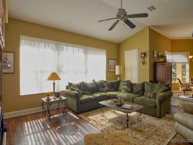 living room with ceiling fan, vaulted ceiling, dark hardwood / wood-style flooring, and a healthy amount of sunlight