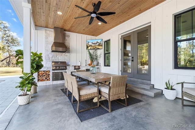 view of patio / terrace with ceiling fan, exterior kitchen, french doors, and area for grilling