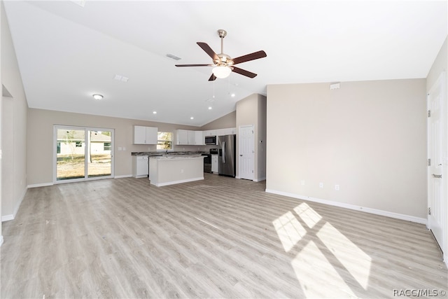 unfurnished living room with ceiling fan, light hardwood / wood-style floors, and high vaulted ceiling