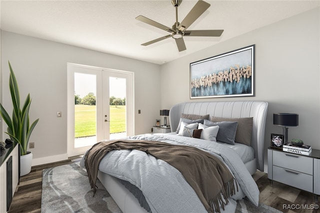 bedroom featuring ceiling fan, dark hardwood / wood-style flooring, access to outside, and french doors