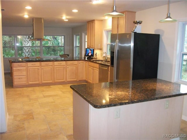 kitchen with light brown cabinetry, island range hood, stainless steel appliances, and pendant lighting