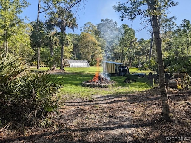 view of yard featuring an outdoor fire pit and an outbuilding