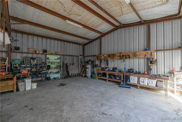 garage with a workshop area