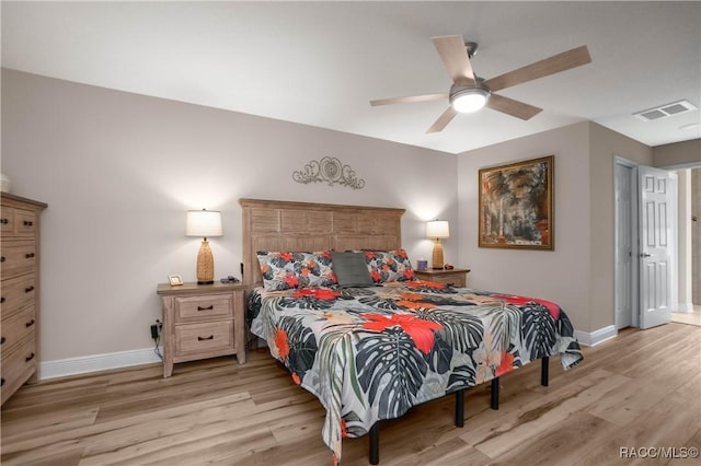 bedroom with ceiling fan and light wood-type flooring