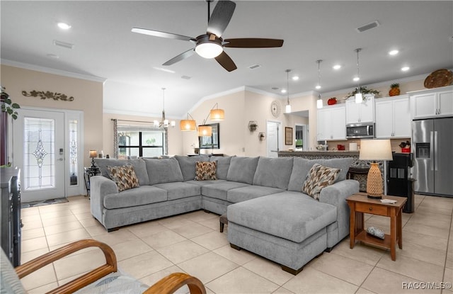 living room featuring light tile patterned floors, crown molding, vaulted ceiling, and ceiling fan with notable chandelier