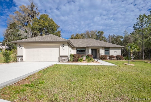 ranch-style house with a garage and a front yard