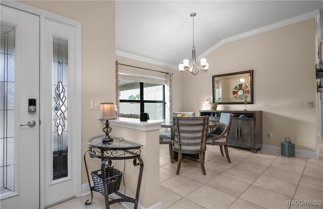 tiled dining space featuring vaulted ceiling, a notable chandelier, and crown molding