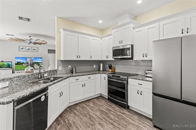 kitchen with white cabinetry, sink, ceiling fan, stainless steel appliances, and decorative backsplash