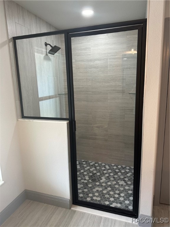 bathroom with walk in shower and hardwood / wood-style floors