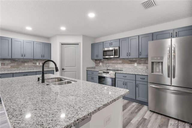 kitchen with light stone countertops, sink, appliances with stainless steel finishes, and a kitchen island with sink