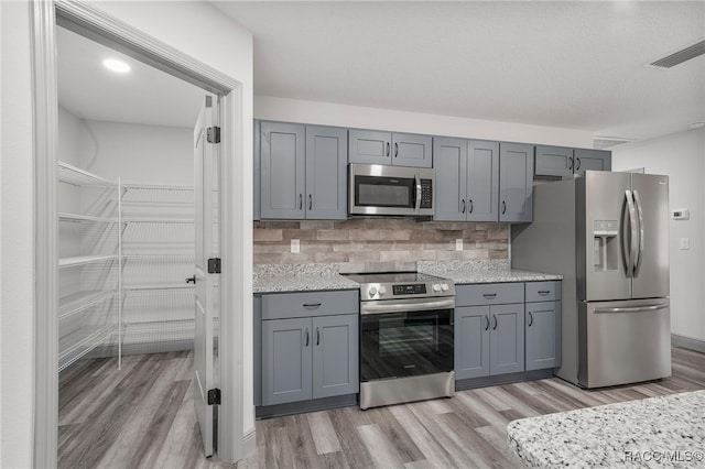 kitchen featuring light wood-type flooring, gray cabinets, stainless steel appliances, and tasteful backsplash