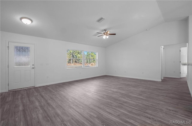 unfurnished living room with dark wood-type flooring, ceiling fan, and lofted ceiling