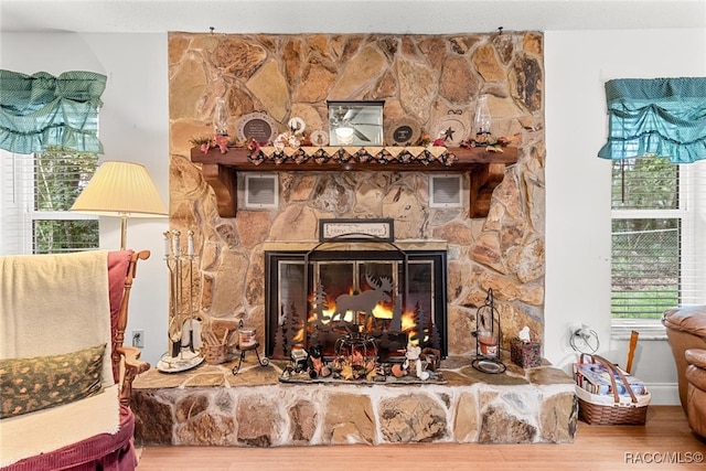 details featuring a stone fireplace and hardwood / wood-style flooring