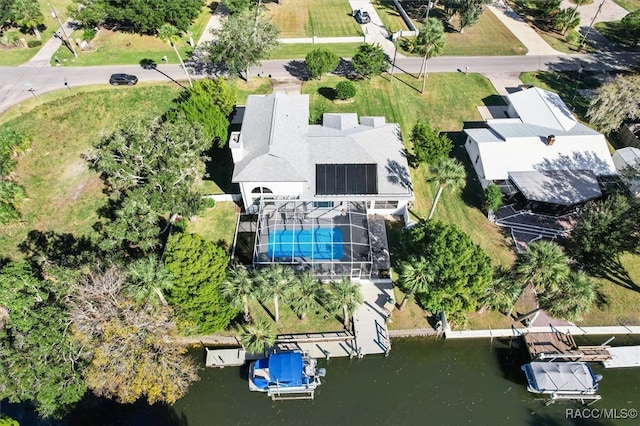 aerial view featuring a water view