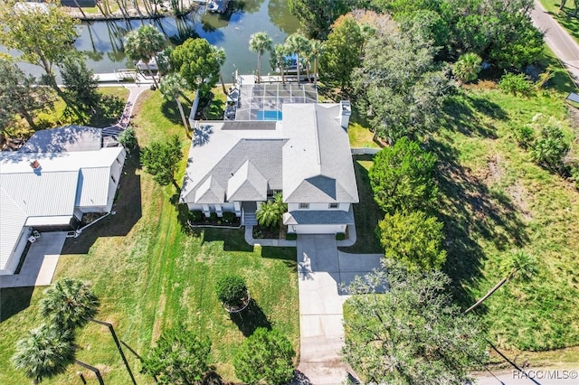 drone / aerial view featuring a water view