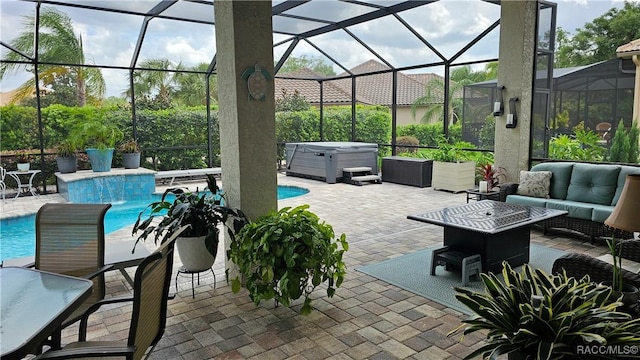 view of patio / terrace featuring an outdoor living space, an outdoor pool, glass enclosure, and a hot tub