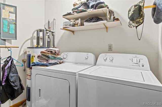 laundry room with electric water heater and washing machine and clothes dryer