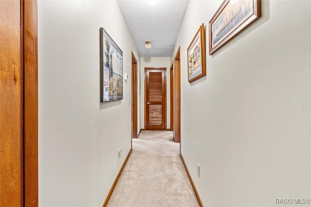 hall featuring light carpet and a textured ceiling