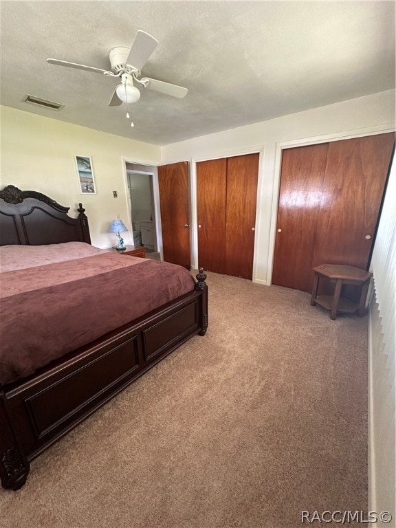 bedroom featuring carpet flooring, ceiling fan, a textured ceiling, and two closets