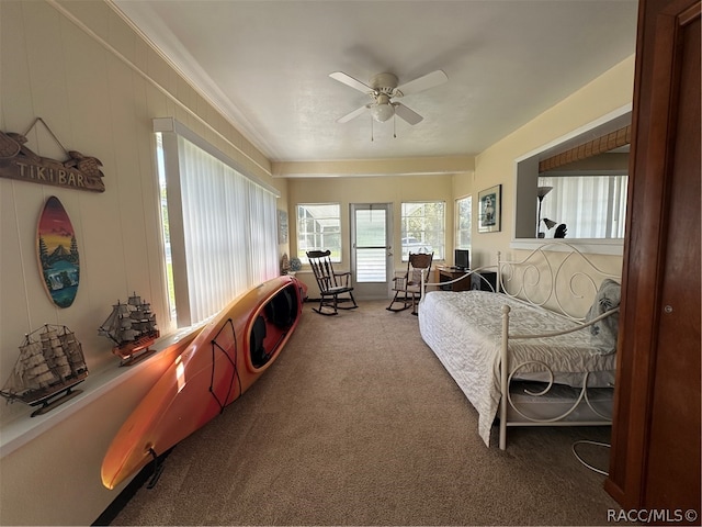 interior space with carpet flooring and ceiling fan