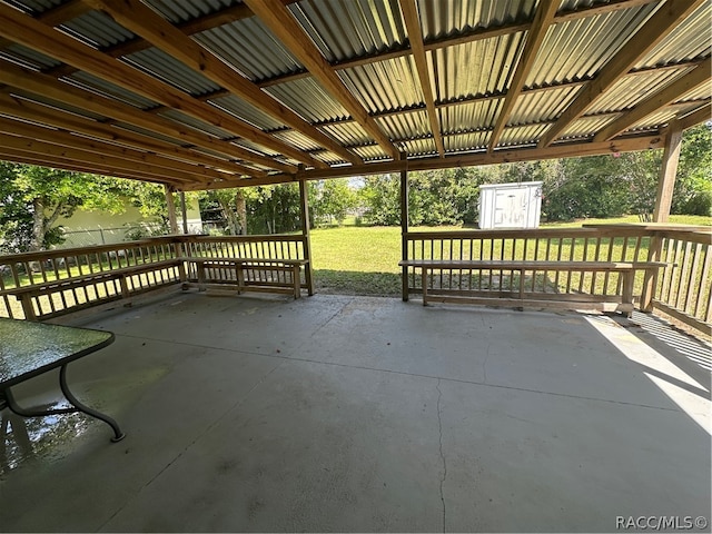 view of patio / terrace with a storage shed