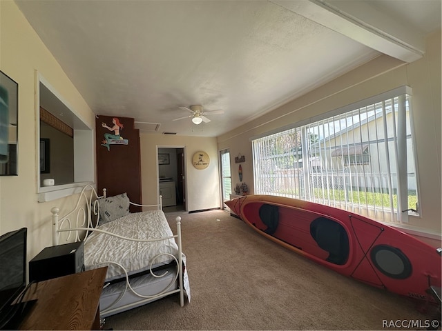 carpeted bedroom featuring ceiling fan