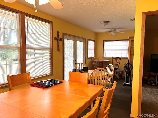 carpeted dining space featuring a wealth of natural light, ceiling fan, and a textured ceiling