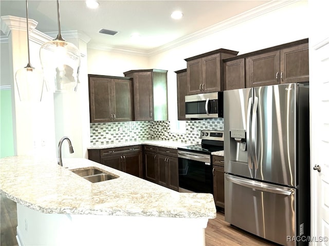 kitchen with sink, tasteful backsplash, dark brown cabinets, appliances with stainless steel finishes, and light wood-type flooring