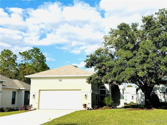 view of front facade with a garage and a front lawn