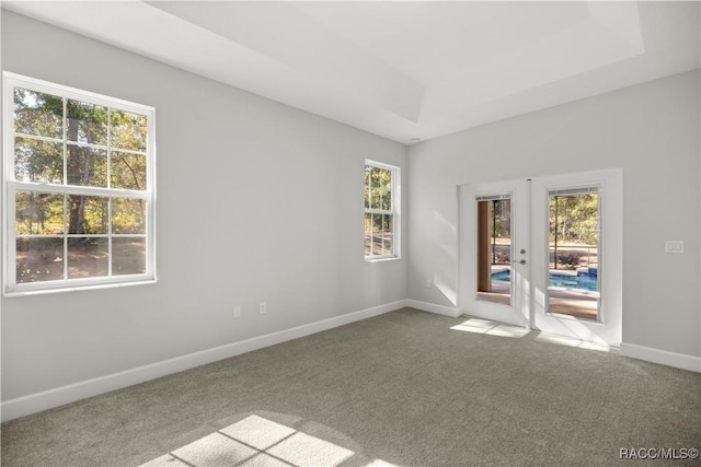 carpeted spare room with a raised ceiling and french doors