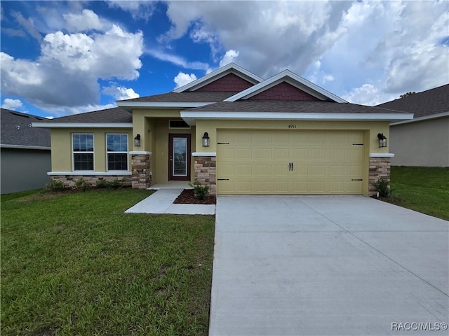 4953 N Triple Eagle Path, Beverly Hills, FL 34465 - view of front facade with stone siding, a front lawn, concrete driveway, an attached garage, and stucco siding
