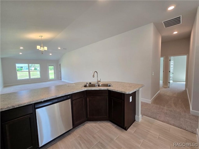 4953 N Triple Eagle Path, Beverly Hills, FL 34465 - kitchen with dishwasher, recessed lighting, open floor plan, a chandelier, and dark brown cabinets