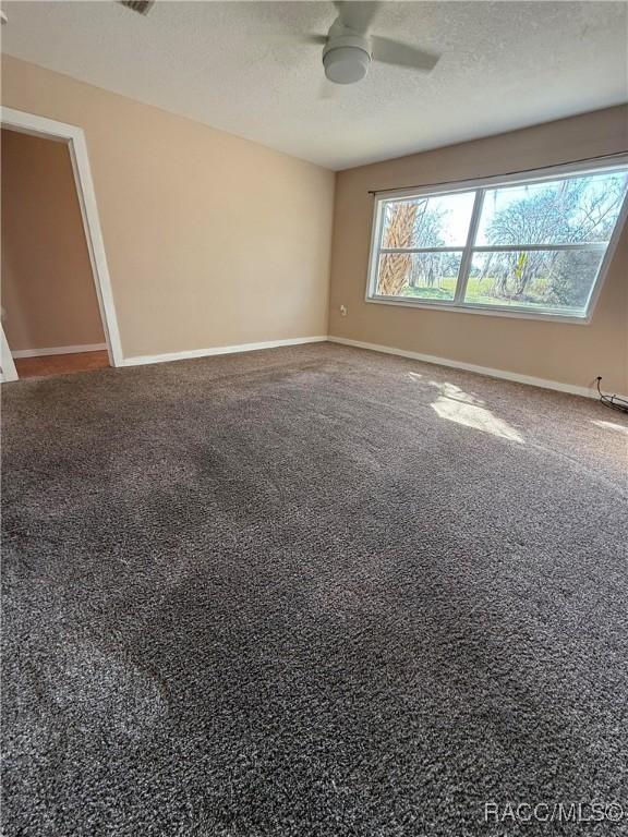 spare room with a textured ceiling, carpet floors, and ceiling fan