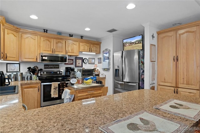 kitchen with sink, stainless steel appliances, crown molding, and light brown cabinets