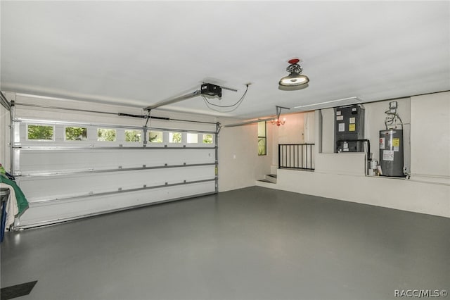 garage with electric water heater, a garage door opener, and heating unit