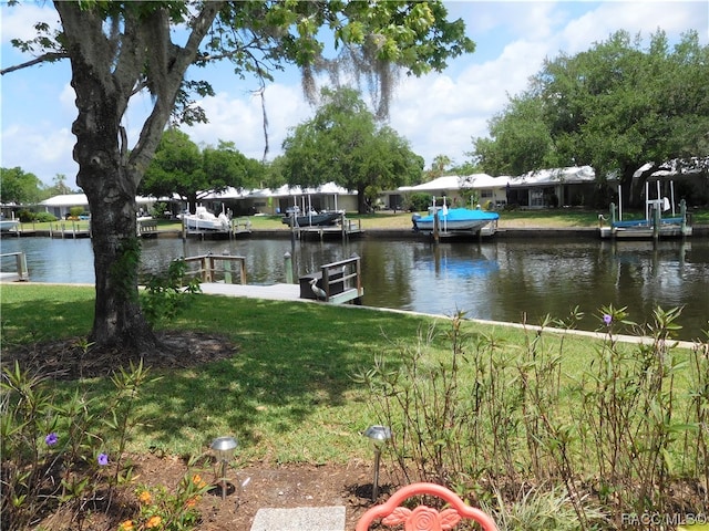 dock area featuring a water view and a yard